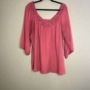 Eyeshadow Women's Blouse Coral with Crocheted Neckline Size 3XL Bell Sleeves